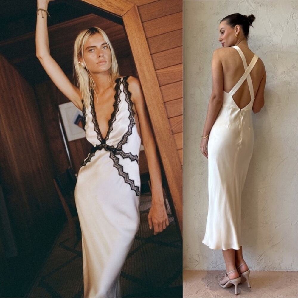 SHONA JOY Camille Lace Cross Back Midi Dress in Cream & Black Size 0